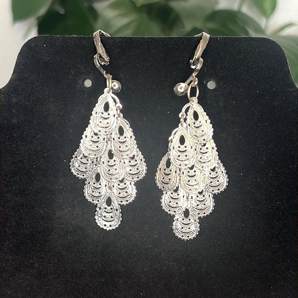 Bohemian Silver Tone Ornate Feather Dangle Clip-On Earrings